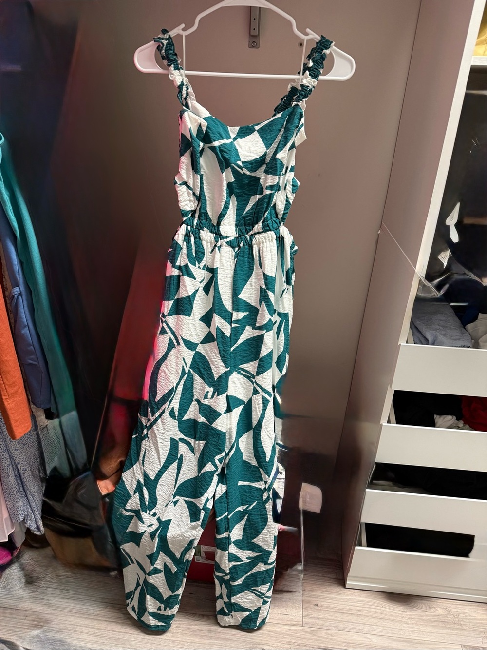 Maurices Teal and White Leaf Print Jumpsuit